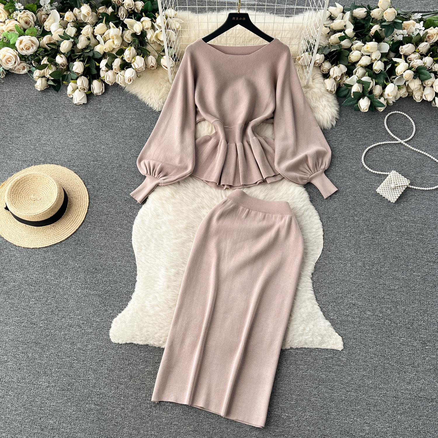 

Осенние вязаные женские костюмы, женский пуловер с длинным рукавом-фонариком и эластичной резинкой на талии + облегающая юбка с разрезом, однотонный элегантный комплект из свитера One Size