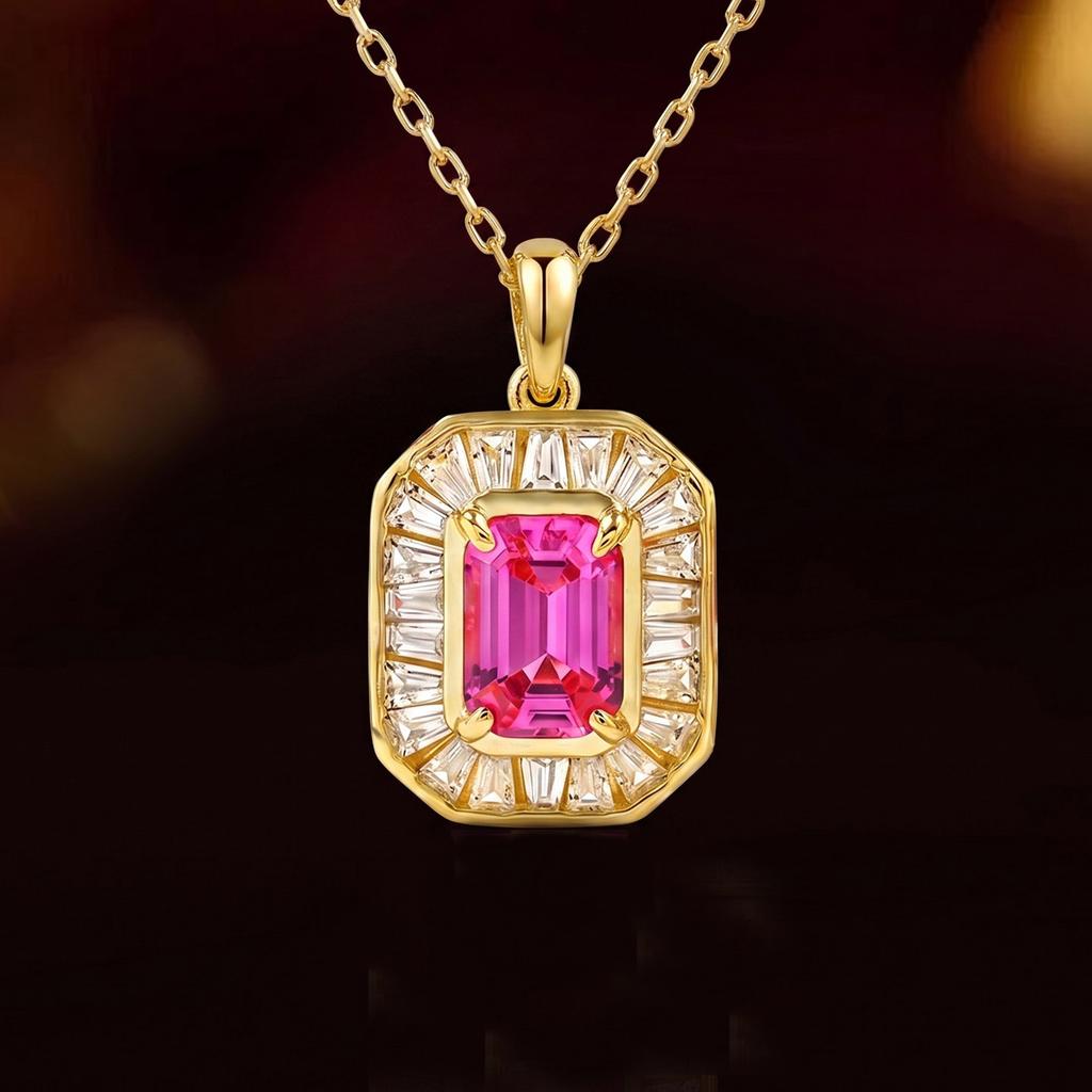 Hot Selling pink Laboratory Cultivated diamond S925 Silver Necklace Women's Gold Rectangular Pendant Jewelry Gift