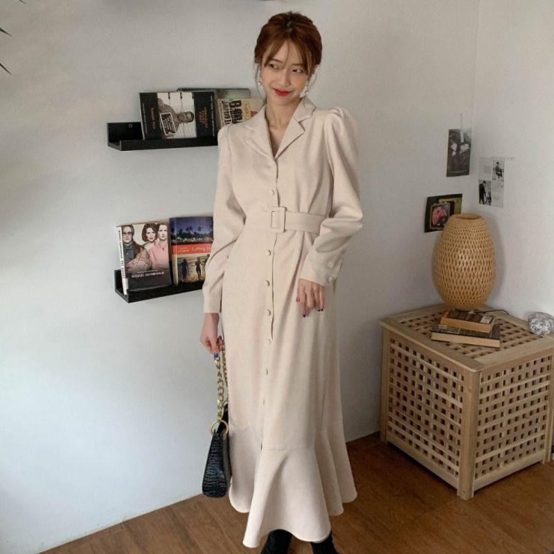 Long Suit Collar Dress Gift Belt Slimming Up The Waist Temperament Long Sleeved Fishtail Long Skirt Commute Spring Autumn
