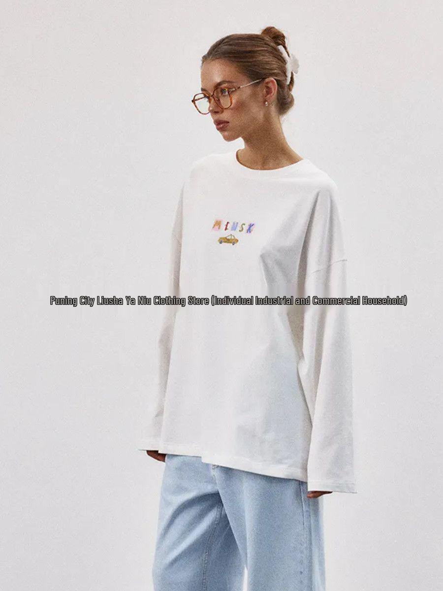 

Принт Дофамин Хлопок 100% Свободная футболка с длинным рукавом – Европейский и Американский Шик XXXL белый