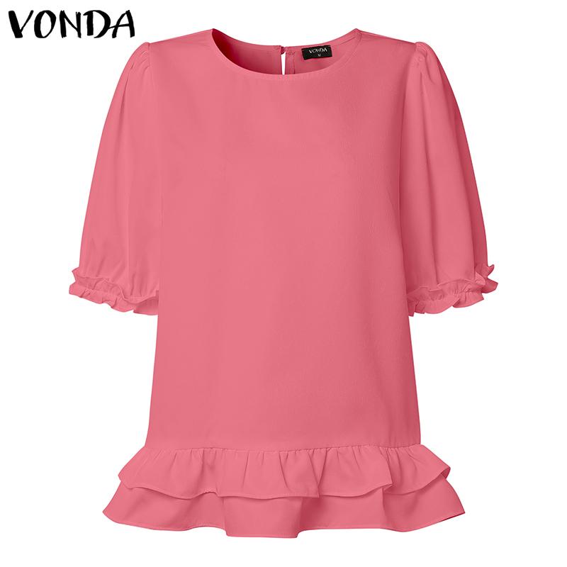 

VONDA Women O-neck Puff Short Sleeve Casual Ruffled Blouse Tops 5XL рожевий