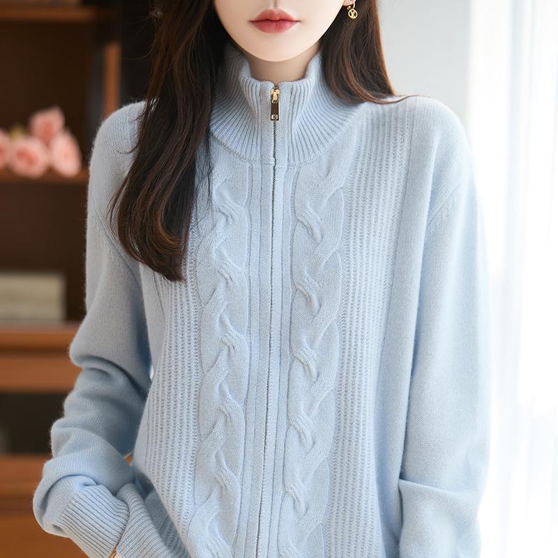 Thick Cable Knit 100% Pure Wool Zipper Cardigan with Stand Collar – Korean Style for Autumn & Winter