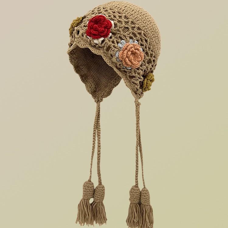 Women's Hand-Knitted Wool Hat with 3D Flowers and Tassels - Ethnic Style Ear Protection for Autumn/Winter Warmth.