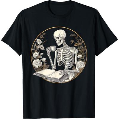 Skeleton Drink Coffee & Read Book Gothic Floral Art Bookish T-Shirt
