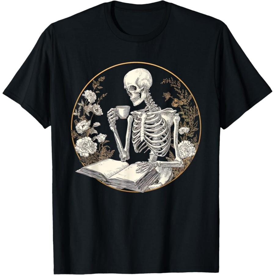Скелет Пьет Кофе и Читает Книгу Готический Цветочный Арт Книжный Футболка S