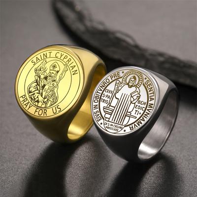 Bague Saint Cyprien pour Femmes Hommes Acier Inoxydable Classique St. Anneaux de la Croix de Benoît Prière Amulette Talisman Bijoux Cadeaux