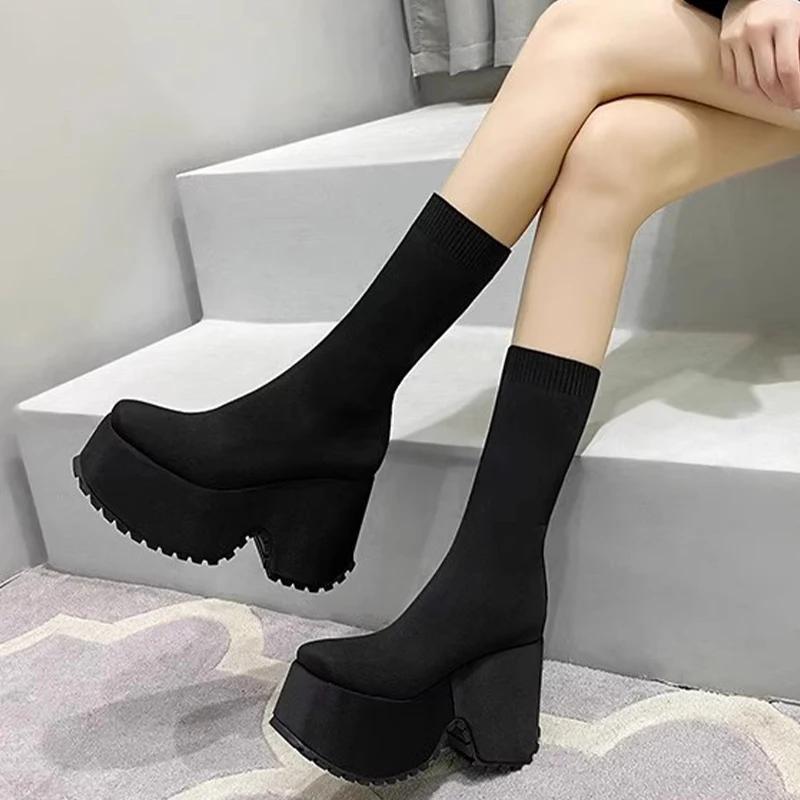 Women Mid Calf Sock Boots High Heels Platform Shoes Woman Designer New Fad Goth Boots Walking Dress Mujer Trend Chelsea Boots