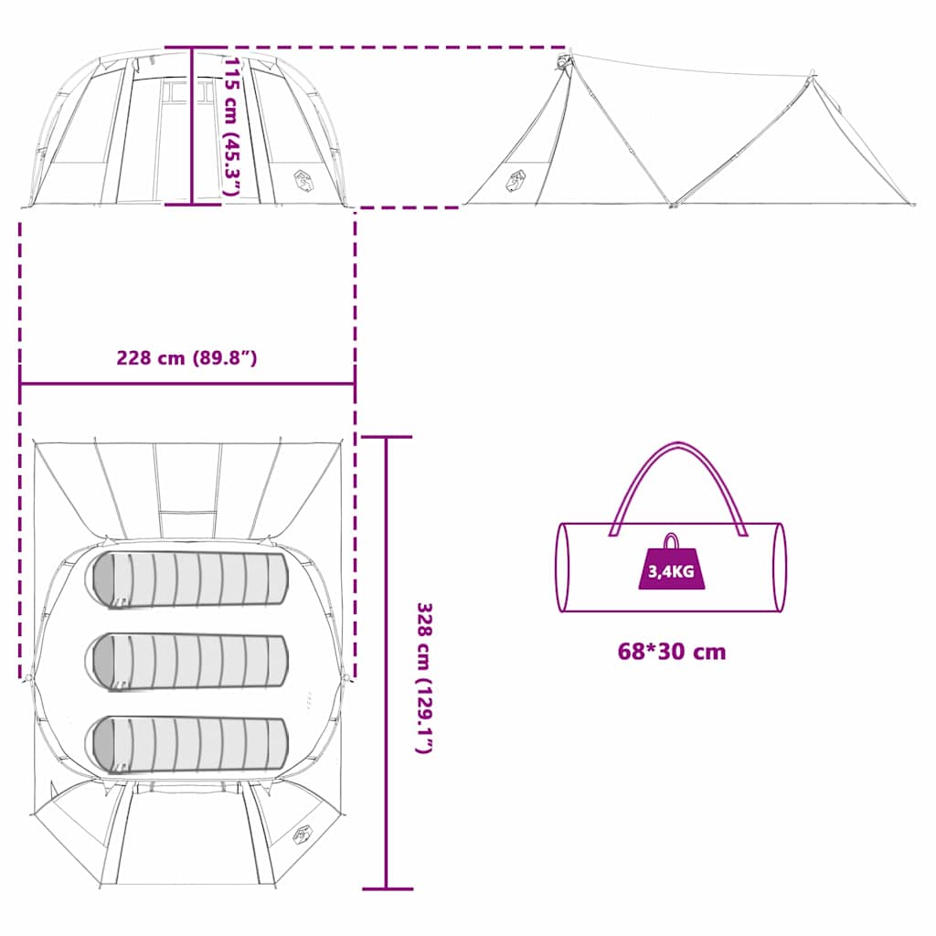 Tunnel Tent for 3 Persons Blue and Gray 328 x 228 x 115 cm