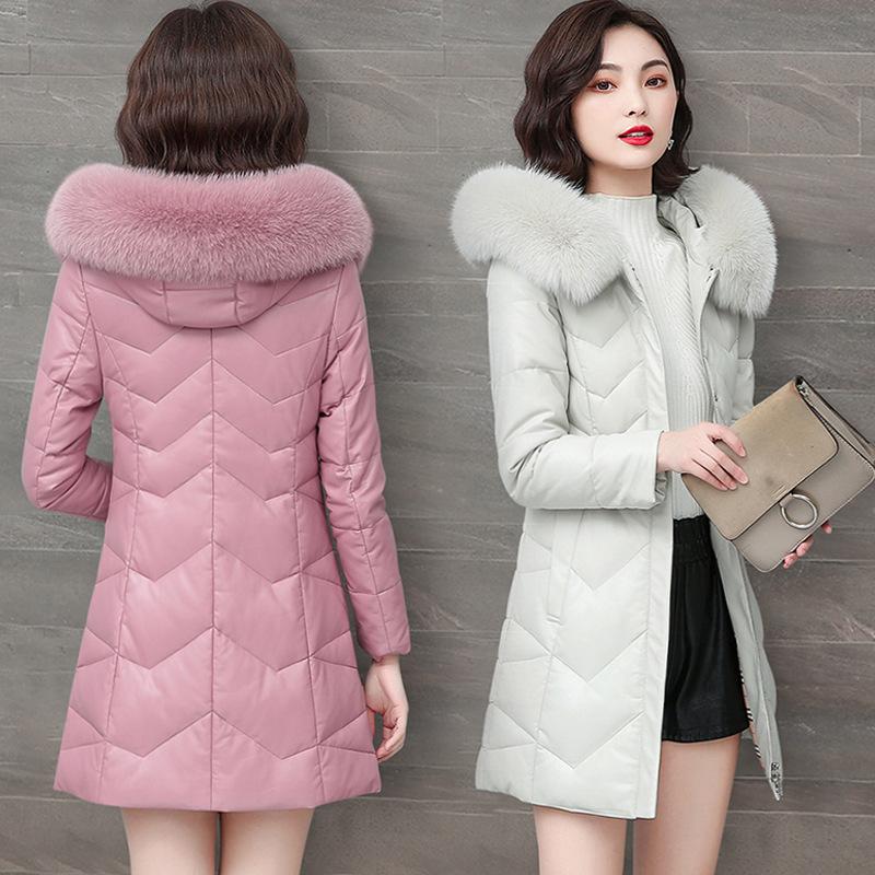 Sheepskin Leather Jacket Women's Down Jacket 90 White Duck Down Women's Medium Length Large Size Fur Jacket Slim Leather Jacket