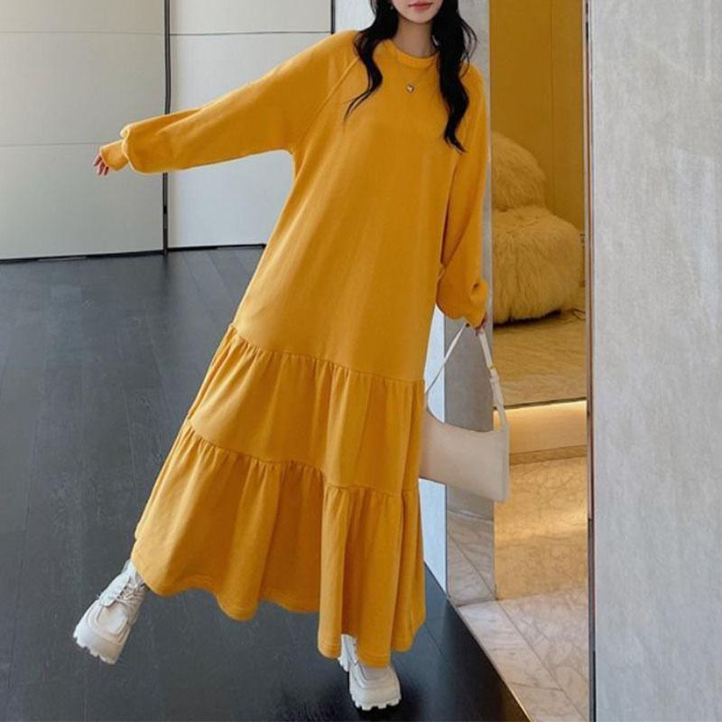 Long Sleeve Plus Fleece Thicken Dress Large Size Loose Lazy Wind Thermal Round Neck Long Solid Youth Comfortable Mermaid Dresses