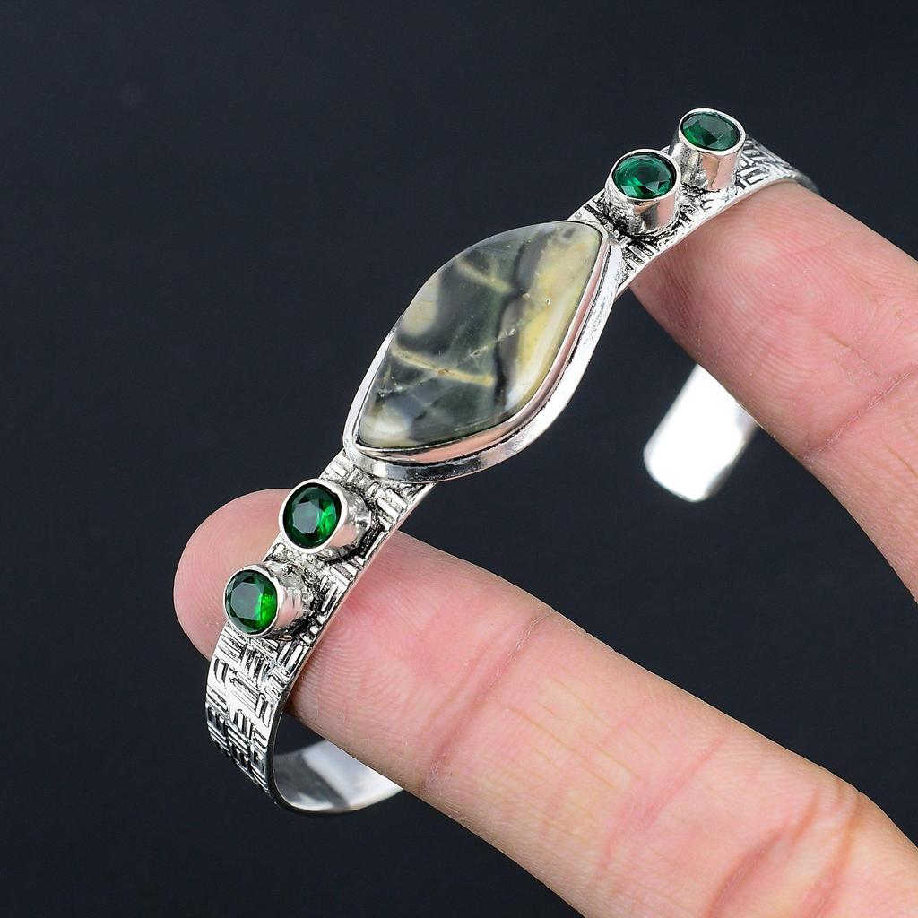 Sterling Silver Natural Fume Agate Chrome Diopside Sister Unique Bangle Jewelry
