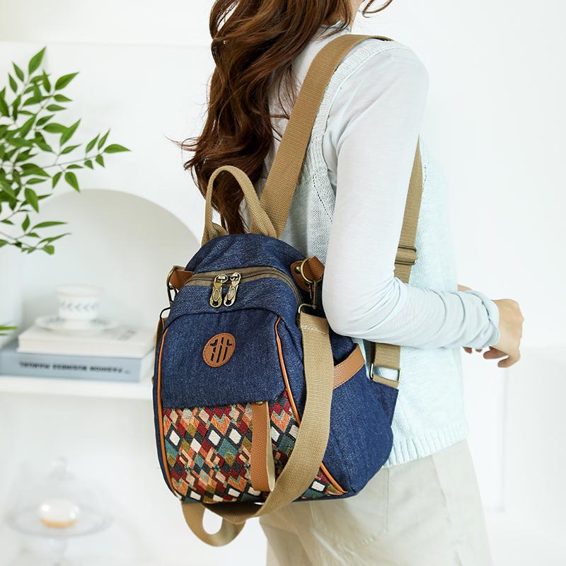 Vintage Color Block Backpack Ethnic Embroidery Shoulder Bag Large Capacity Backpack