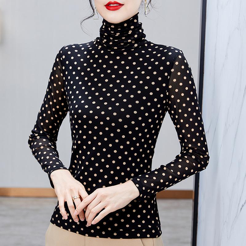 

Женский топ с высоким воротником в горошек - Доступен в легком варианте для весны/осени или в бархатном утепленном варианте для более прохладной погоды 5XL