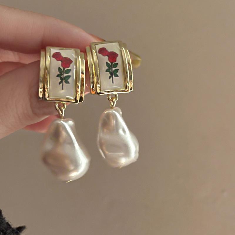 1Pair Fancy Rose Flower Pearl Earrings Women Fashion Irregular Pearls Jewelry Red Flower Dangle Earrings For Women Designer Gift