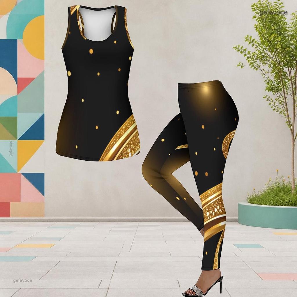 Women Plus Size Two Piece Set Scoop Neck Sleeveless Printed Tank Top Fitted Black Green Gold Pants