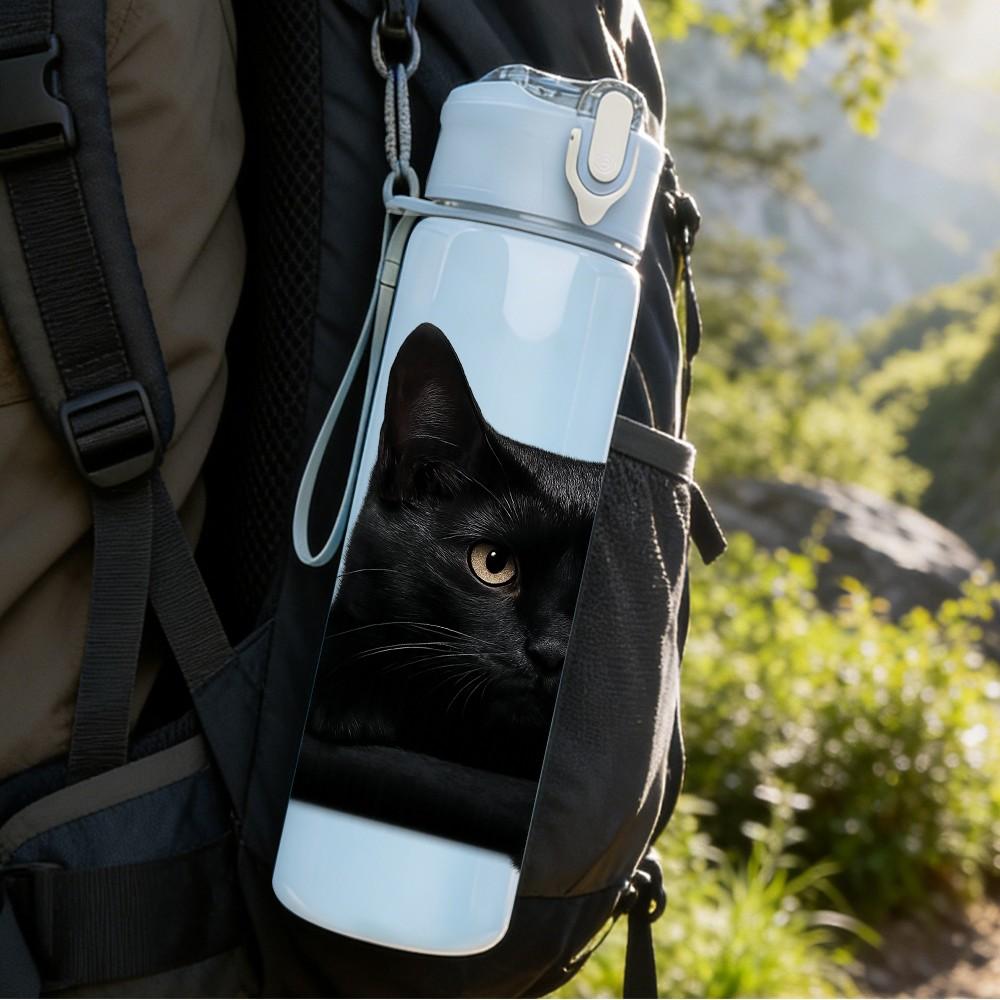 1PC Elegant Black Cat Resting 750ml Color Plastic Sports Water Bottle Leakproof Flip Straw Lid Suitable for Sports Office Home Use