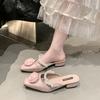 Fashion Mules For Women 2025 String Bead Square heel Cover Toe Low High-Heeled Shoes Lady Flower Ladies' Slippers Block Slides Floral