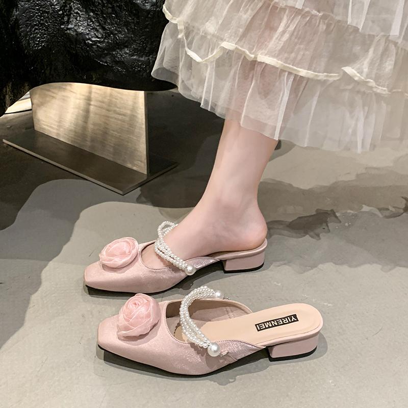 Fashion Mules For Women 2025 String Bead Square heel Cover Toe Low High-Heeled Shoes Lady Flower Ladies' Slippers Block Slides Floral
