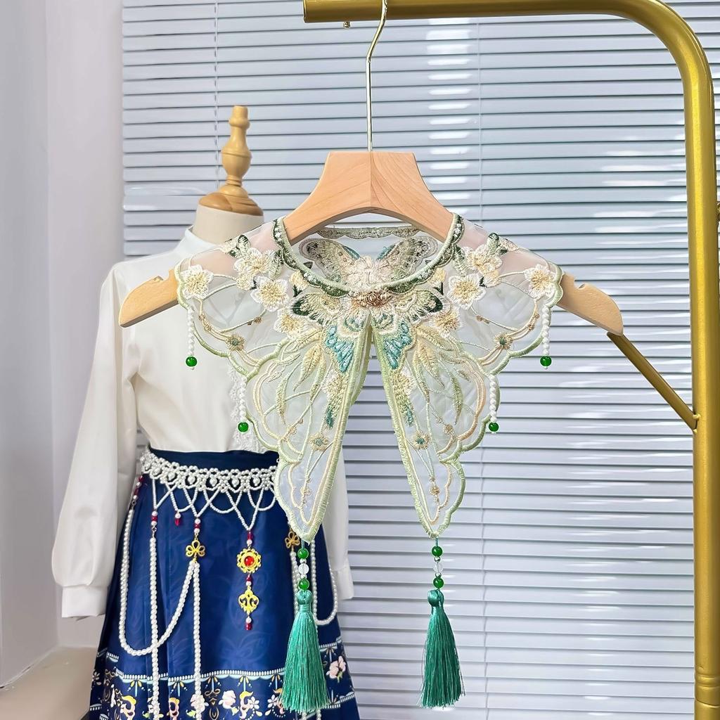 Vintage Dress Detachable False Collar Pearl Tassels Yunjian Shawl Scarf Chinese Embroidered Butterfly Flower Capelet