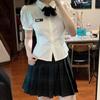 Women's Japanese Style Academy JK Uniform White Blouse - Sweet Waist-Cinching with French Puff Sleeves