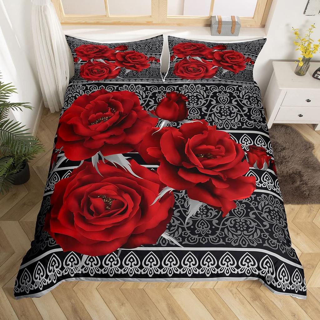 Red Rose Duvet Cover Set King Size for Girls Water Drops Bedding Set Romantic Rose Flowers 2/3pcs Comforter Cover for Couples