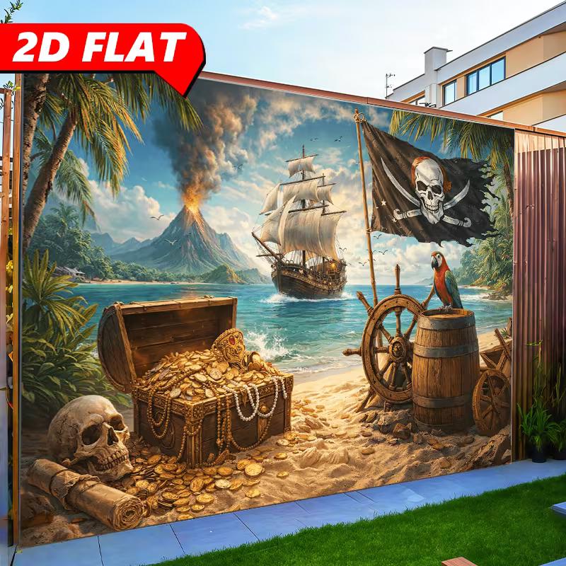 

Pirate Treasure Island Vinyl Backdrop - Beach Volcano Pirate Ship Photography Background 47.2x31.5inch/120*80cm