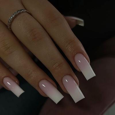24 Stück rosa-weiße Ombre-Kunstnägel, lange quadratische Nägel zum Aufdrücken für Nagelkunst