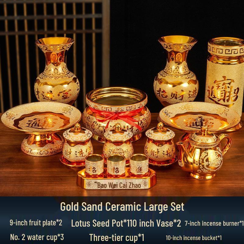 Buddhist Household Ceramic Offering Set: Incense Burner, Water Cup, Fruit Plate, Vase