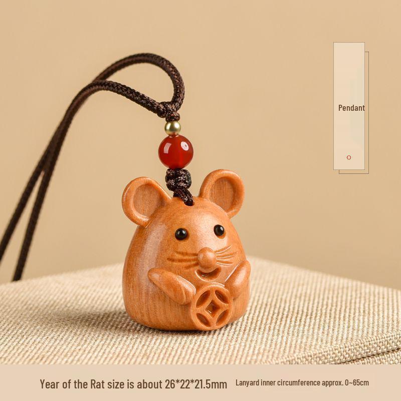 Sandalwood Zodiac Rat Pendant Keychain Necklace: Versatile Charm for Bags and Phones