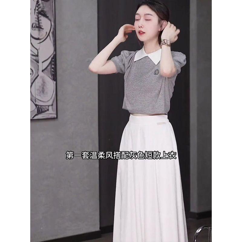 

Oajer Oujier Женская одежда Флагманский магазин Ou Тот же стиль Свитер для студенток Женский Летний Вязаный Поло-воротник Короткие топы Grey S