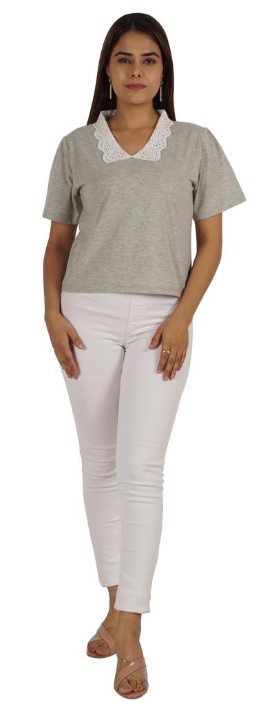 Moomaya Dámský top s krajkovým límečkem Petra Pana, hladký žerzejový krátký ležérní T-shirt