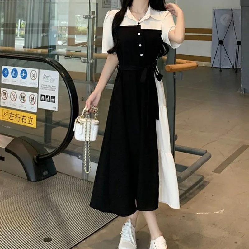 Large size contrasting color splicing fake two-piece shirt dress women's summer new waist and thin dress