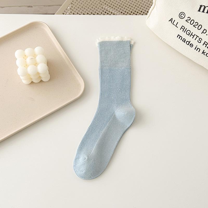 Spring and Summer Thin Lace Pile Socks, Color-blocking Mid-calf Socks, Versatile Flanged Socks, Women's Cotton Socks