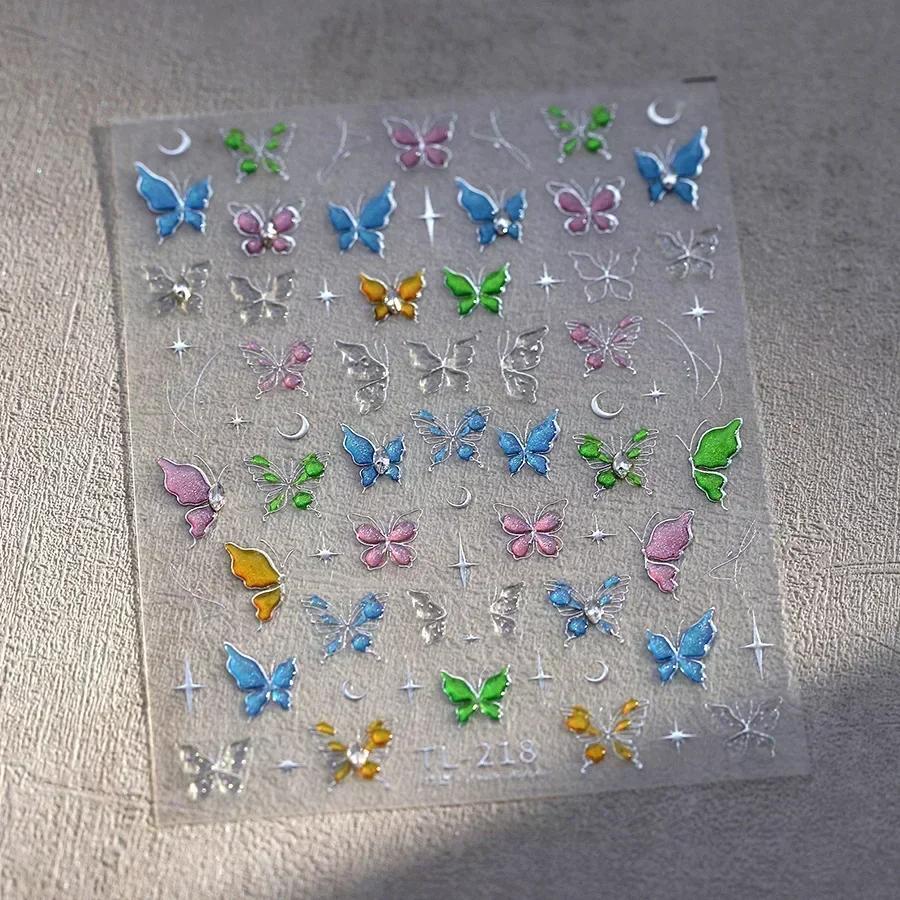 Shiny Jelly Butterfly Charming Golden Gradient Bowknot 5D Self Adhesive Nail Art Sticker Flower Petal Rhinestone Manicure Decals