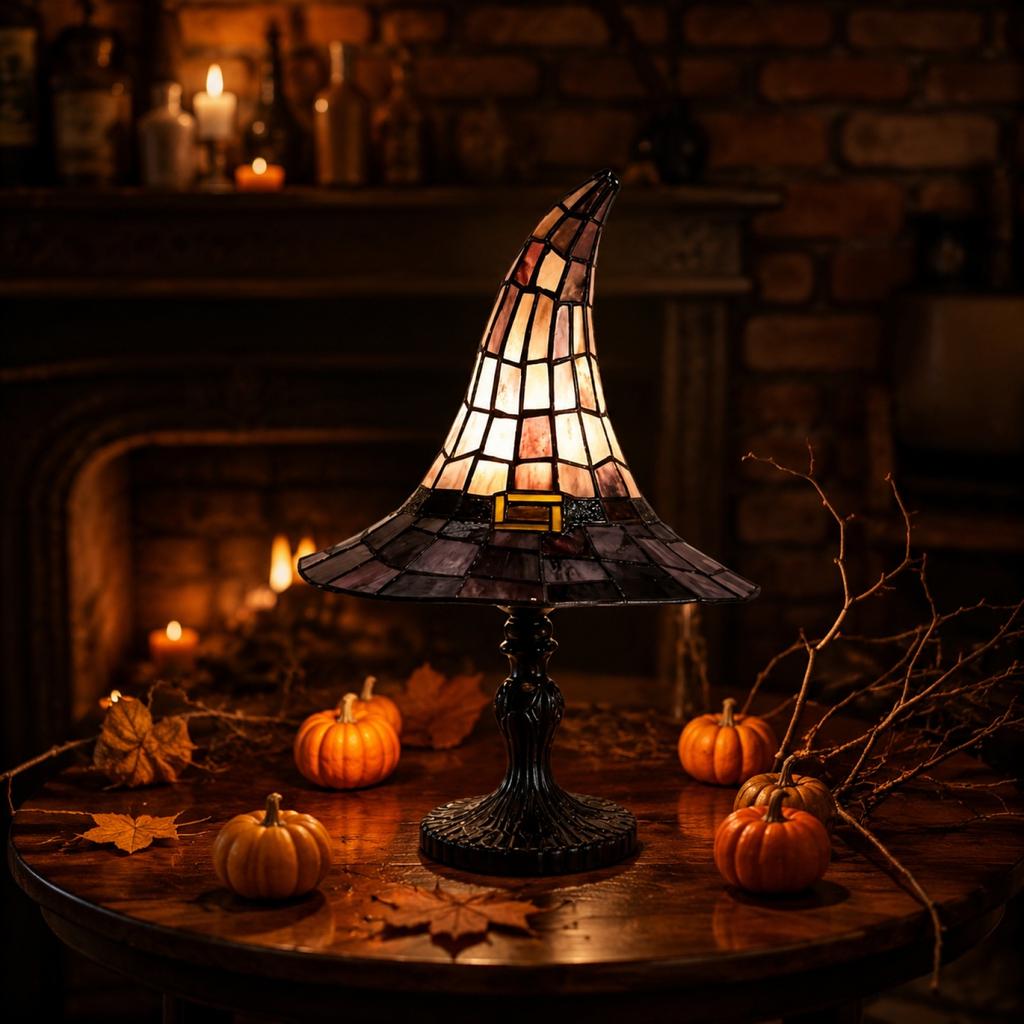 18cm Decorative Witch Hat Table Lamp with Stained Glass Style Shade and USB Plug for Indoor Seasonal Ambience Lighting