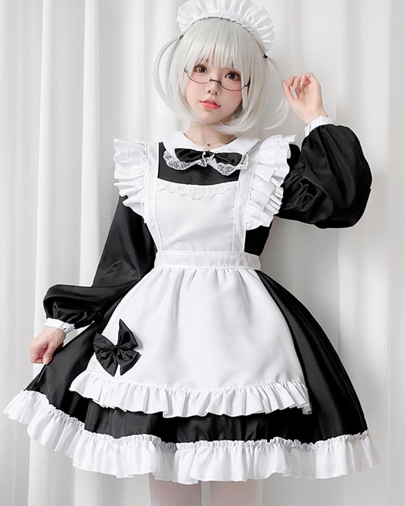 Milky Time Maid Costume, Halloween Cosplay, Long Sleeve Dress, Mini Length, Black