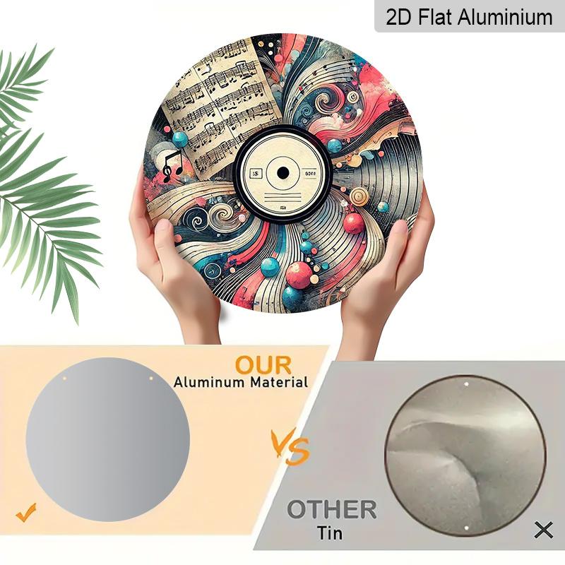 2D Flat, 1pc Round Aluminum Abstract Vinyl Record Metal Sign, Vintage Sheet Music & Artistic Swirl Wall Plaque, Waterproof Rustproof Decor, Perfect