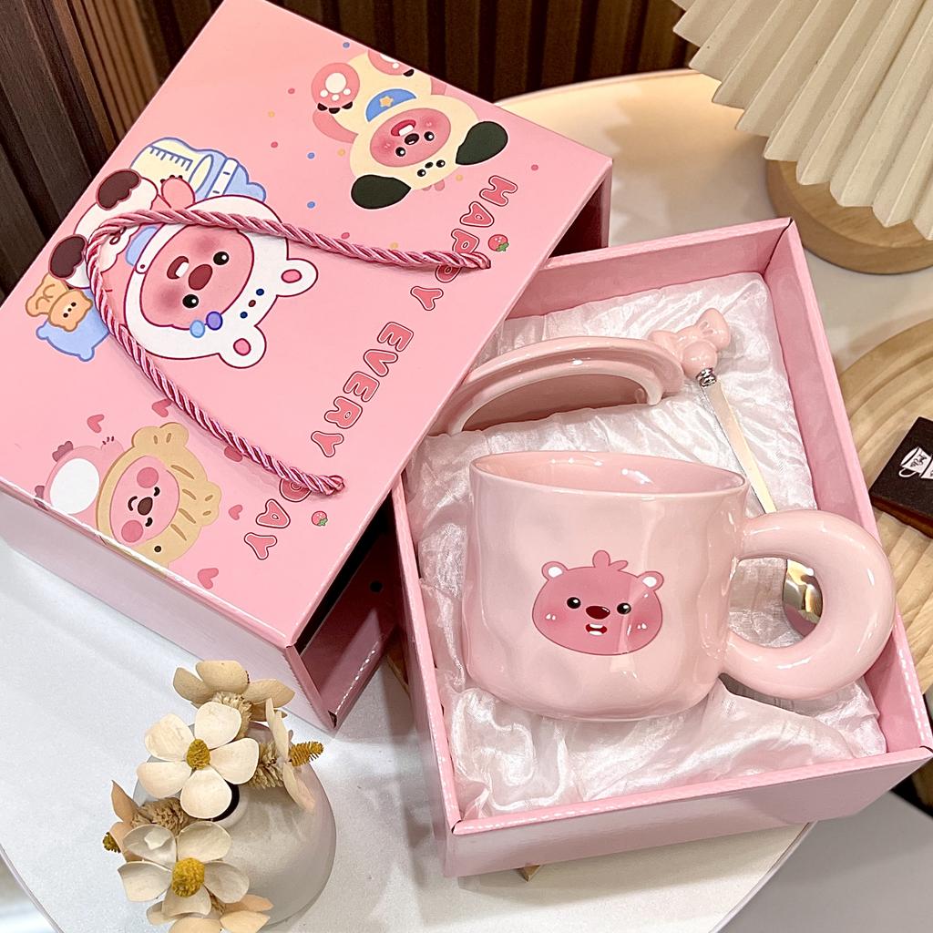 Household New Ceramic Cup Sets Gift Box Women 400ml Cute Cartoon Bear Handle Tea Mugs with Scoop and Lid Creative Cup to Friends