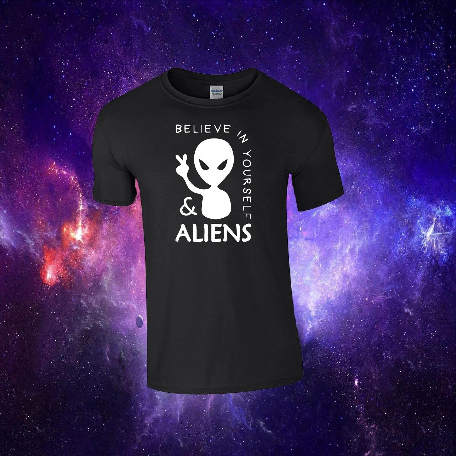Believe In Yourself & Aliens Funny UFO UAP Alien Gift Kids/Adults Top T-shirt L
