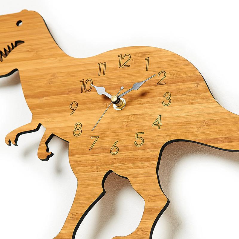 Forest Theme Bamboo Wood Cartoon Dinosaur Wall Clock Children's Room Decoration Tyrannosaurus Wood Animal Wall Clock Home Decor