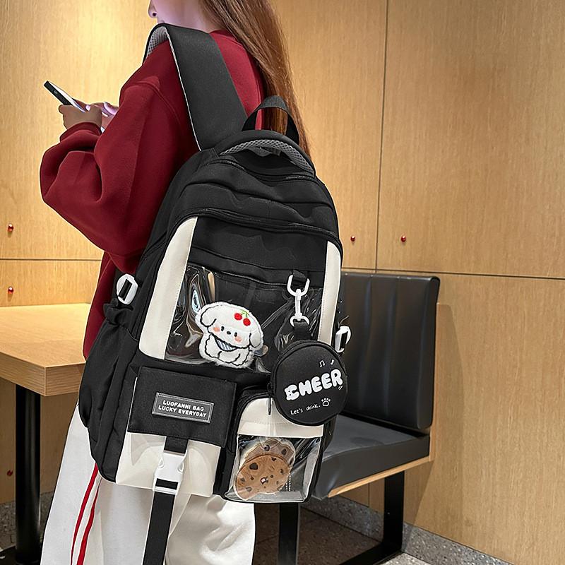 Color Fashion Blocked Letter Pattern Backpack With Compartment Transparent