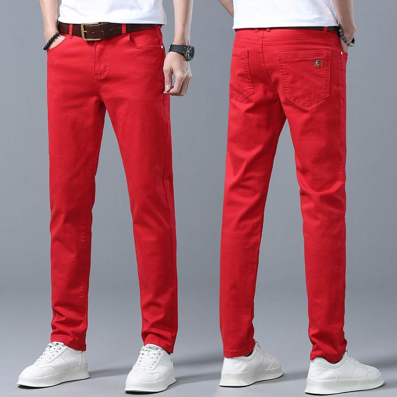 Men's Slim-Fit Coloured Denim Trousers Summer Versatile Trend Casual Stretch Fashionable Designer Trousers