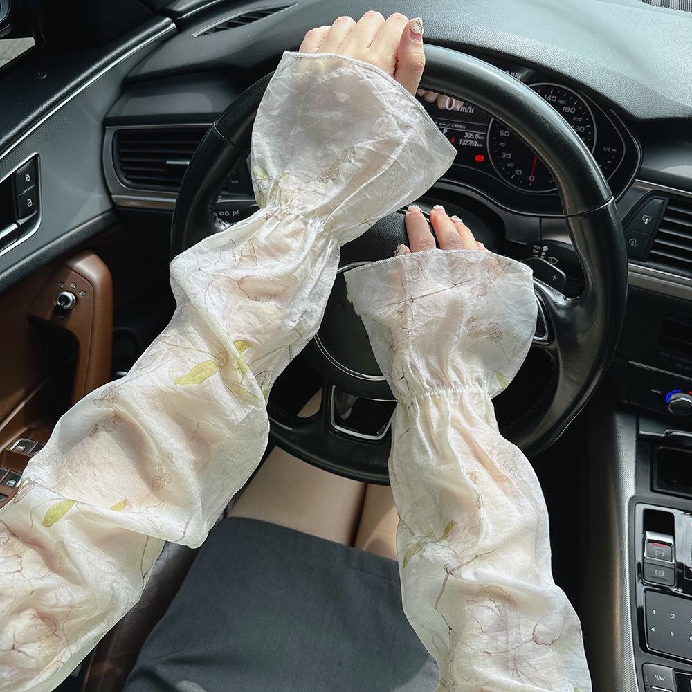 Flower Chinese Style Sleeves Elastic Cycling Gloves Cute Chiffon Sunscreen Arm Covers  Driving