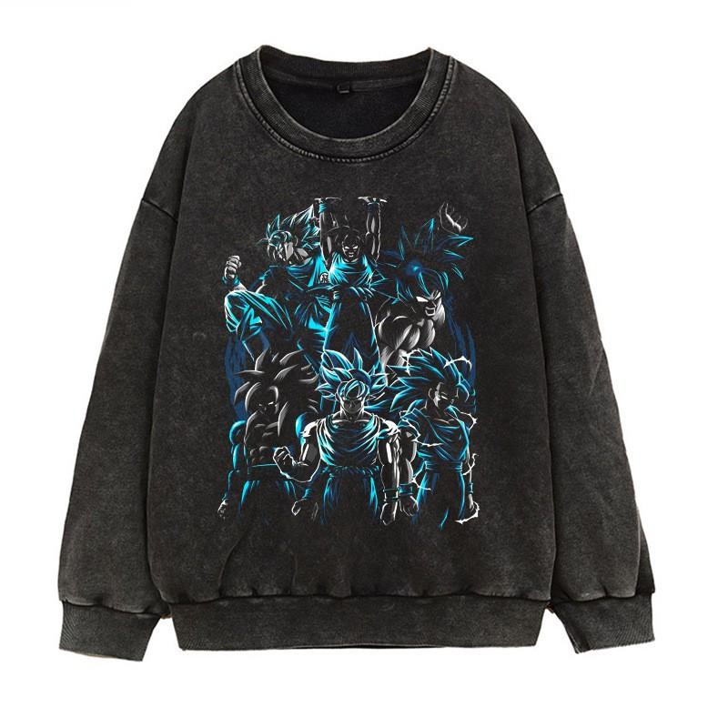 Vintage Washed Dragon Ball Anime Hoodie-Free Crewneck Sweatshirt Teens Men Streetwear Casual Long Sleeve Cotton