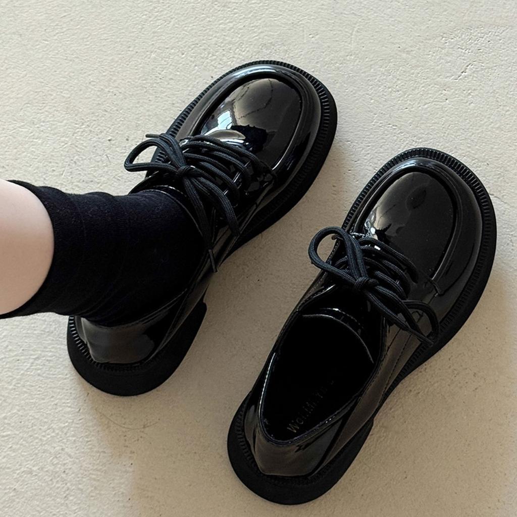 Black Flat-bottomed Lace-up British Style Small Leather Shoes Women's 2025 New Summer and Autumn College Style with Skirt Loafers Single Shoes