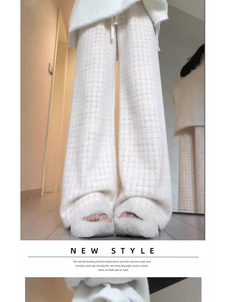 Petite Houndstooth Wide-Leg Pants: Women's Autumn Winter High-Waist Slimming Plaid Knit In Mink, Size XS.