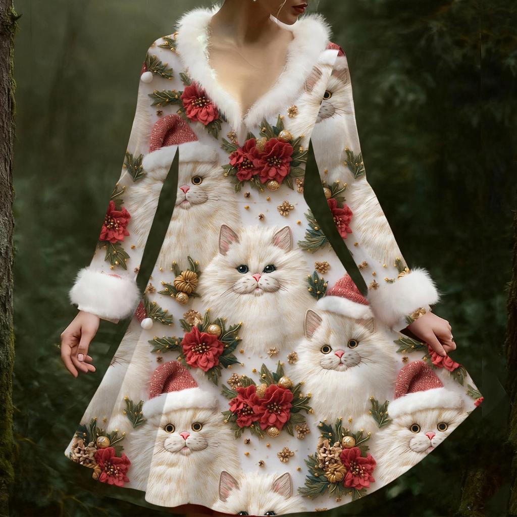 Women's Casual V-neck Christmas Print Plush Long-Sleeve Casual Dress