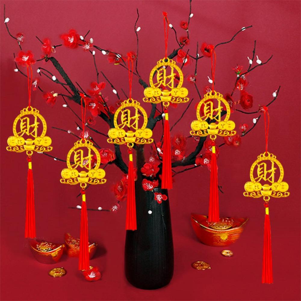 6/10Pcs Gold Chinese New Year Pendant Waterproof Wealth Spring Festival Bonsai Pendant with Tassel Traditional