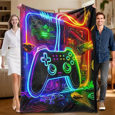 1 Piece Neon Game Controller Theme Flannel Blanket, Perfect for Sofa, Bed, Office. Ideal Gift for Family, Friends, Holidays.
