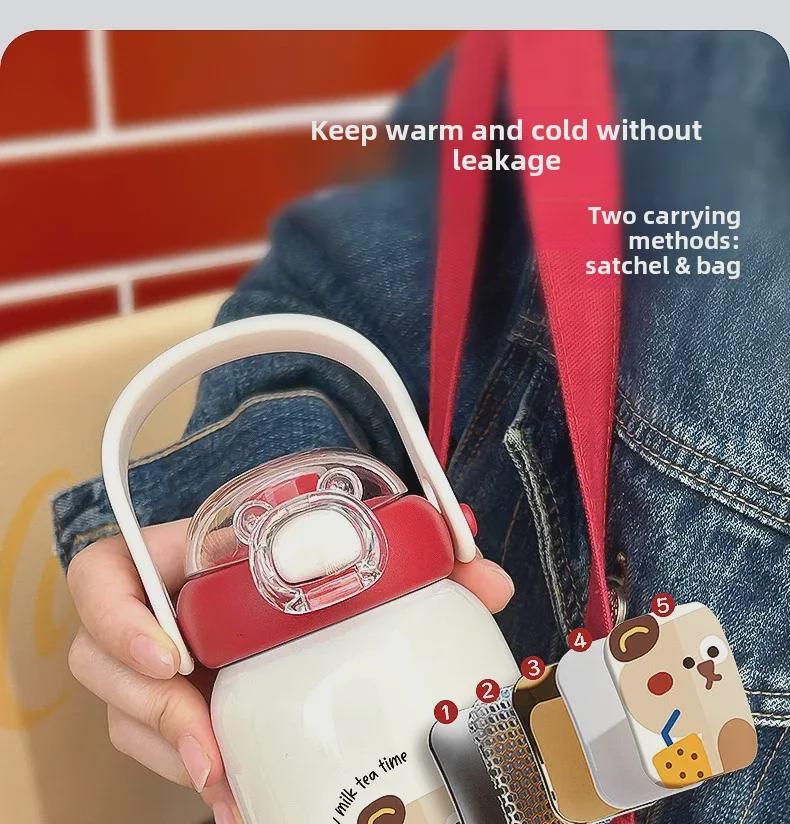 Entzückender tragbarer Thermosbecher für Kinder – Edelstahl 316, Design mit doppeltem Strohhalm